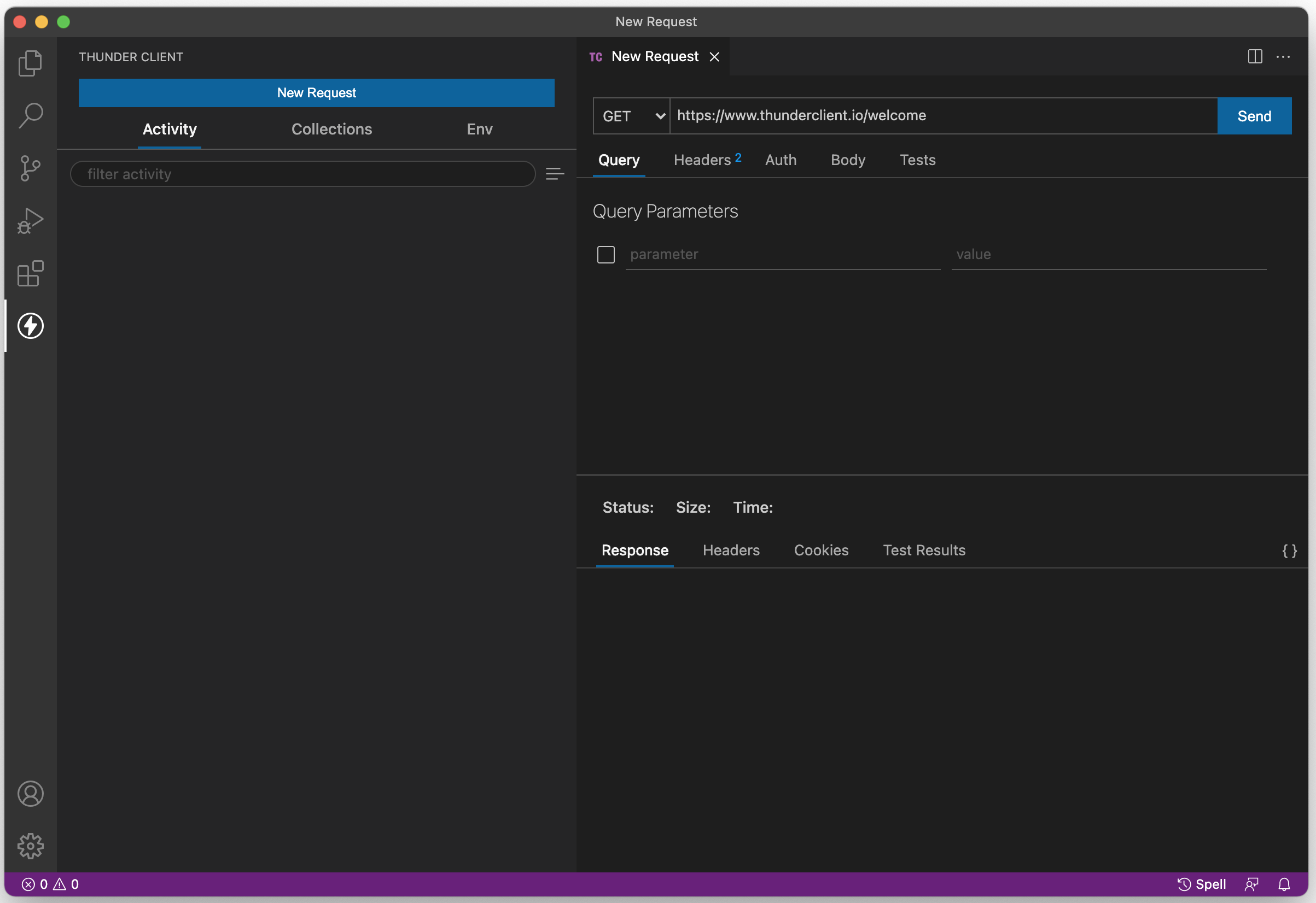 Thunder Client start screen new request